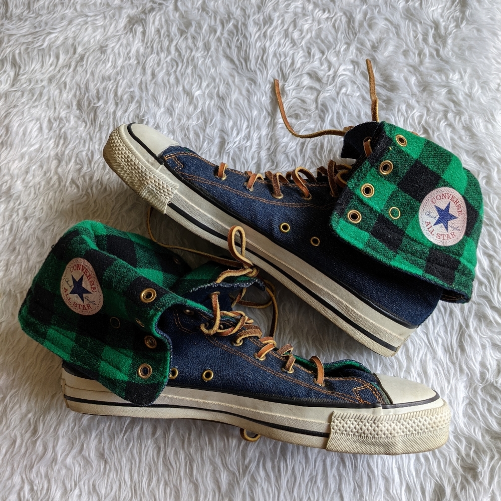 Converse Green Buffalo Plaid Denim Fold Over High